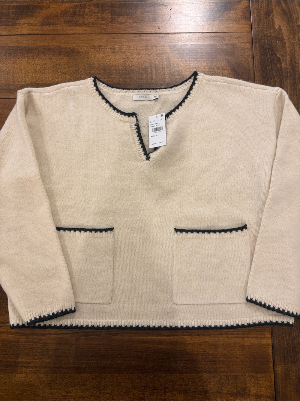 NWT LUSH Soft Cream Knit Sweater with black Trim - Women
